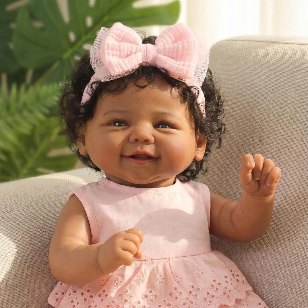 19 Inch With Cloth Body Reborn Baby Doll, Pink Eyelet Lace Dress, Big Mesh Bow Headband, Lovely Gift Option for Birthdays, Christmas and Holiday Celebrations, Huggable Companion Toy for Kids and Adult Doll Collectors