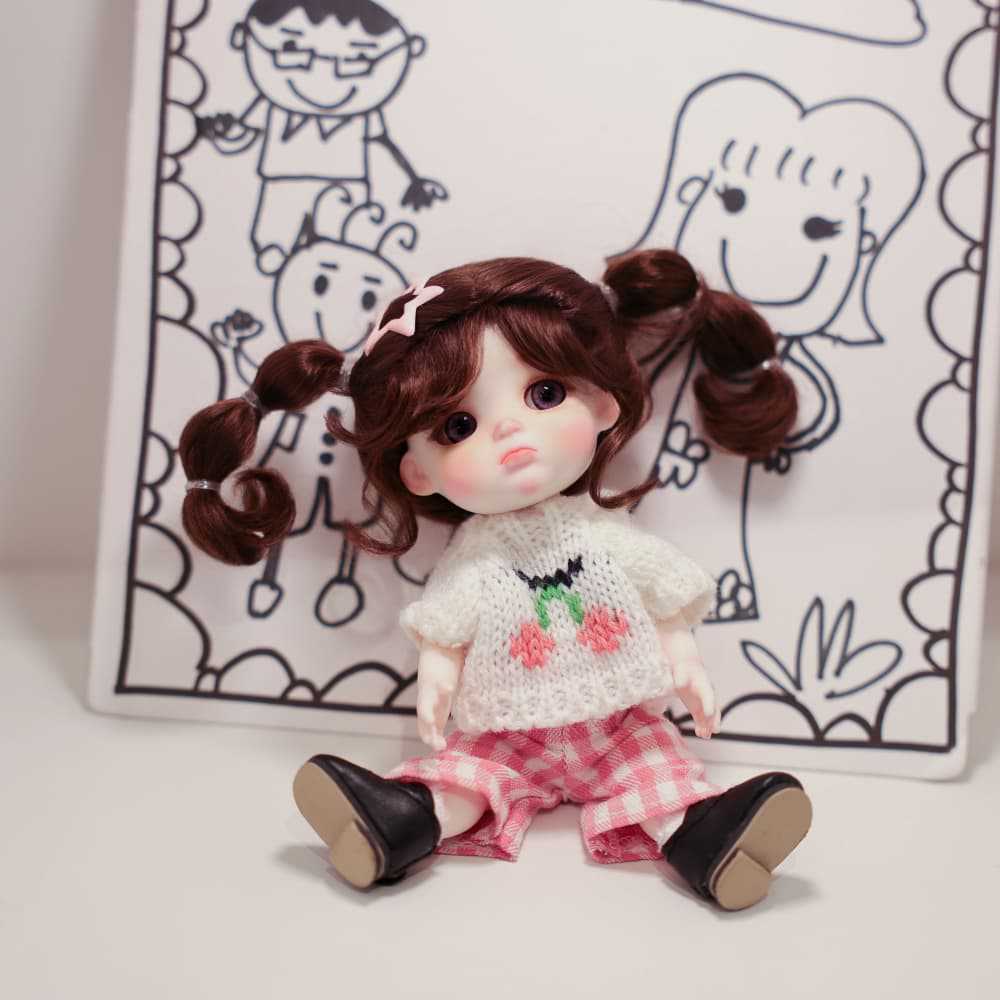 6 Inch Mini with Full Ceramic Body Doll Cute Double Ponytail Cherry Knit Outfit Collectible Desktop Decor Gift