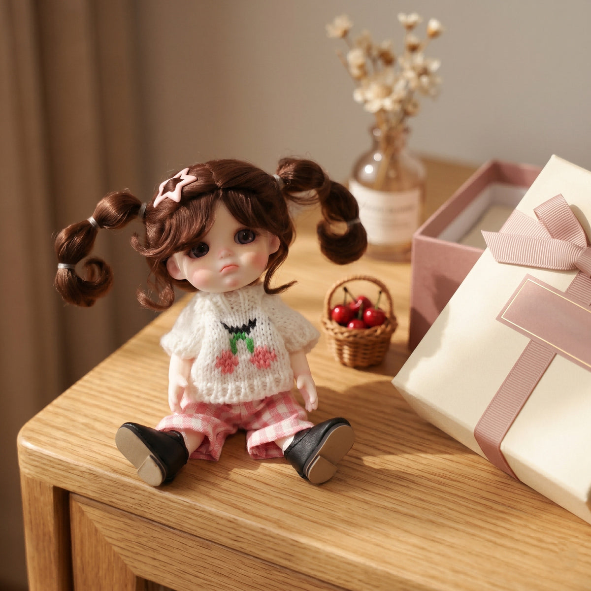 6 Inch Mini with Full Ceramic Body Doll Cute Double Ponytail Cherry Knit Outfit Collectible Desktop Decor Gift