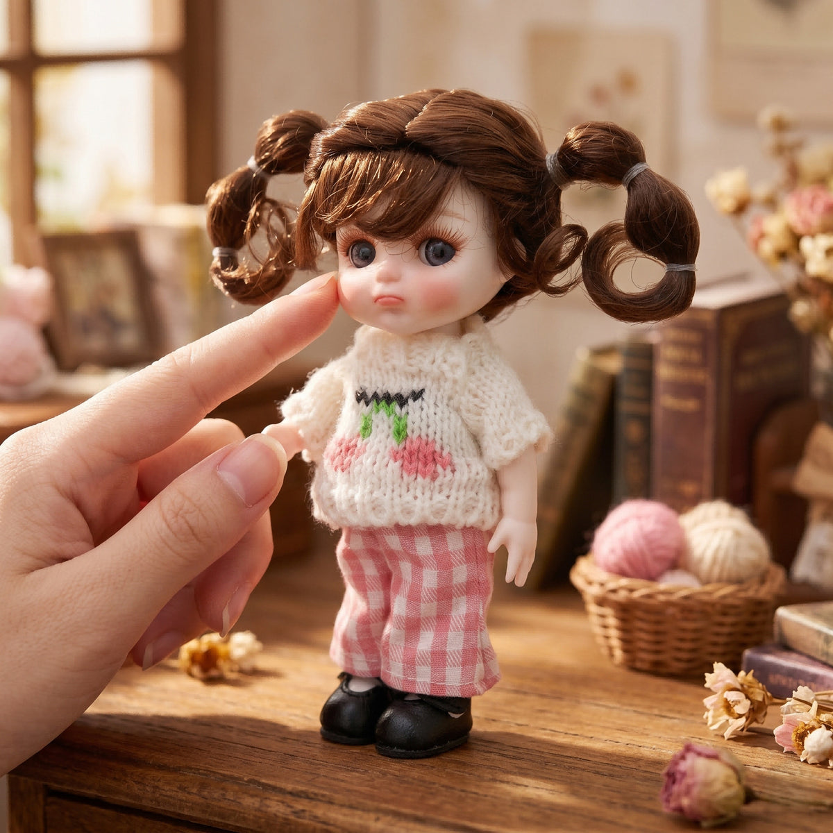 6 Inch Mini with Full Ceramic Body Doll Cute Double Ponytail Cherry Knit Outfit Collectible Desktop Decor Gift