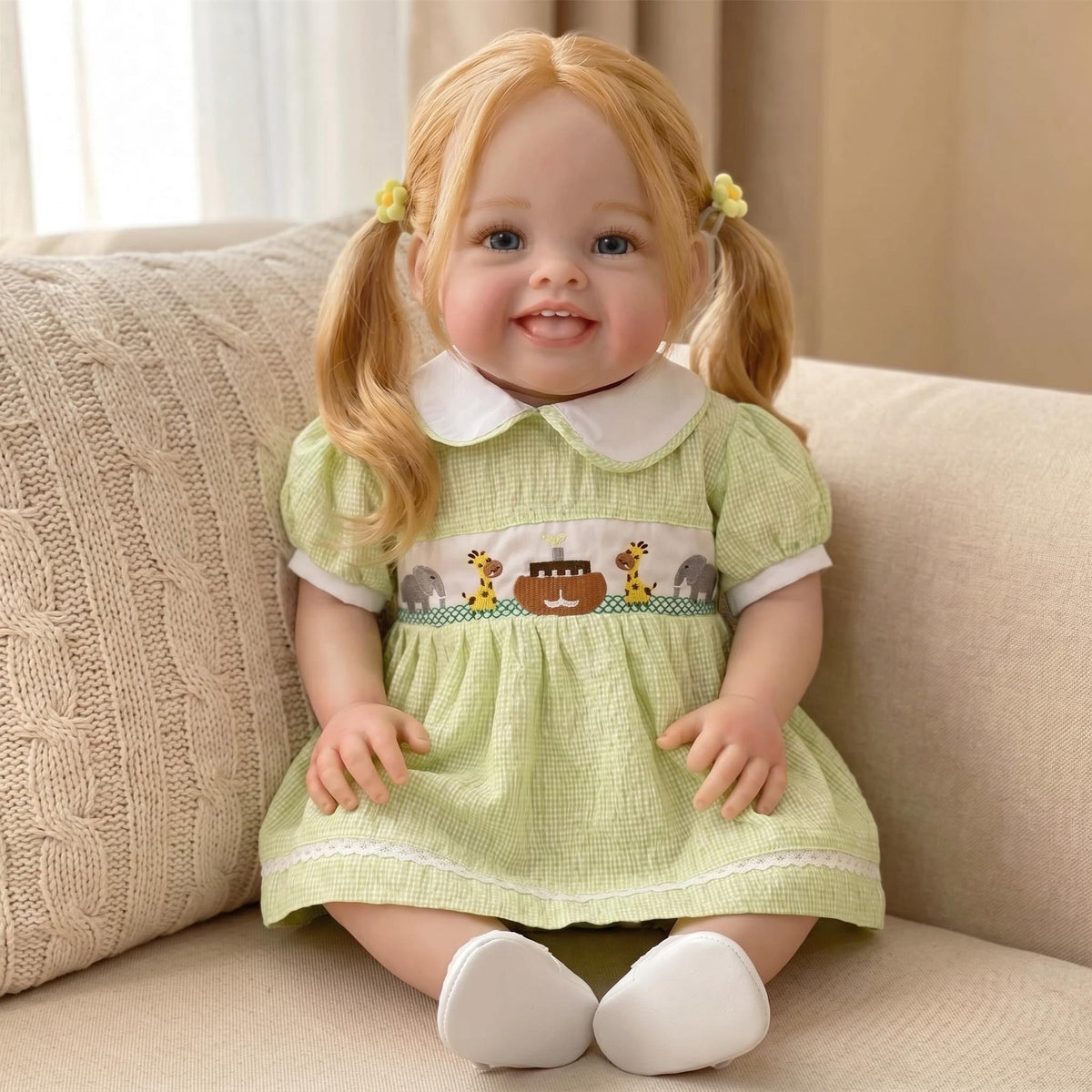 Cheerful Blonde Pigtail Reborn Girl 24 inch With Cloth Body Animal Pattern Dress, Comfort Companion Doll, Unique Surprise Gift For Birthday Parties And Western Festivals