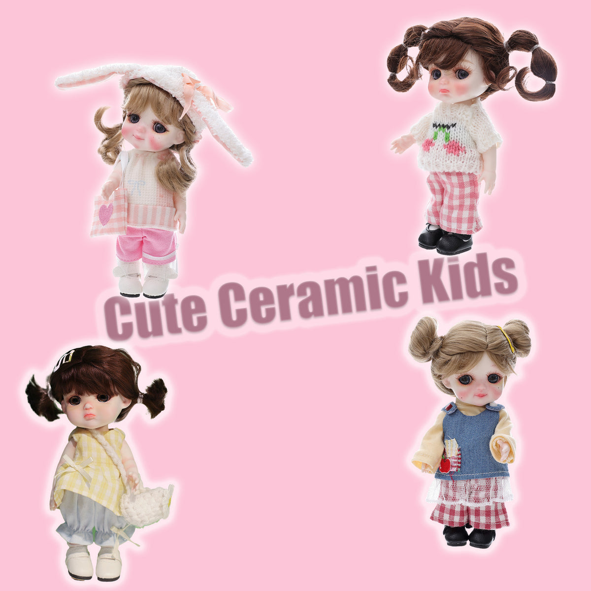 6 Inch Mini with Ceramic Body Cute Pigtails Yellow Gingham Outfit Collectible Desktop Decor Gift