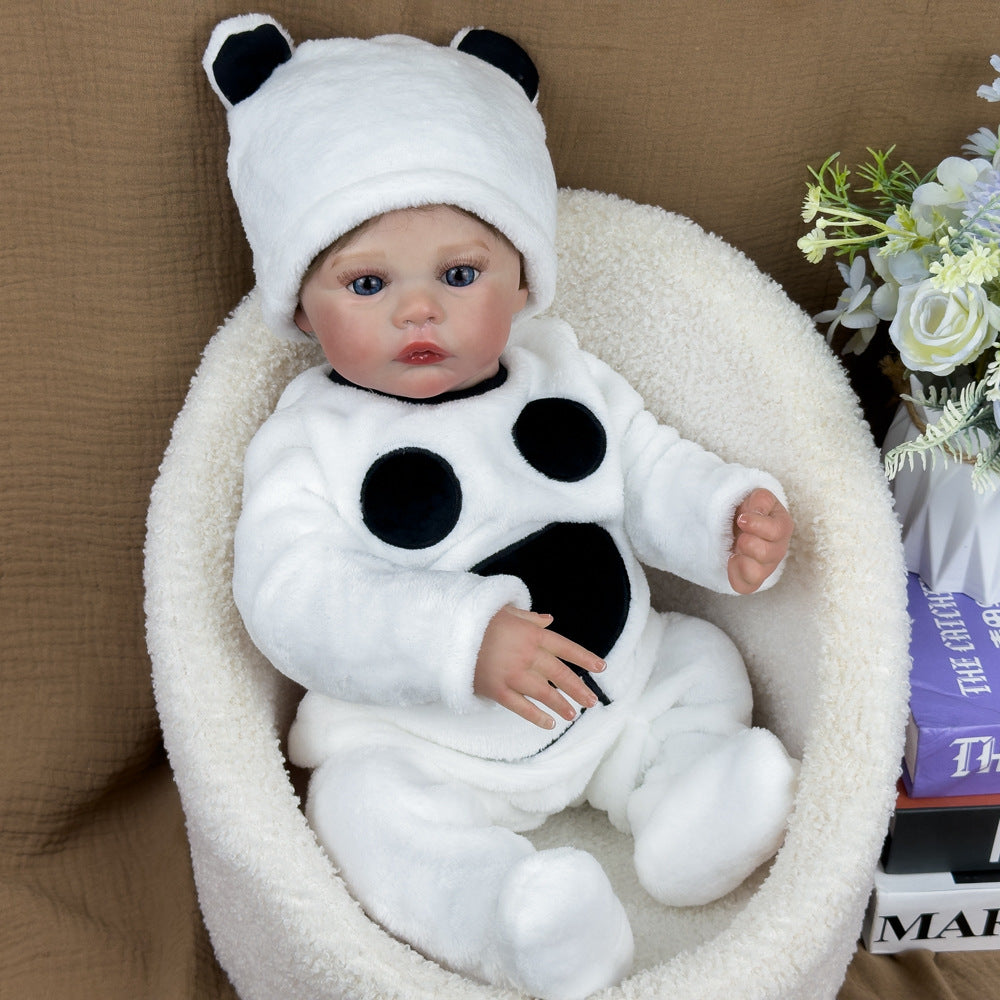 18 Inch Full-Vinyl Realistic Baby Doll, Fluffy Panda Onesie, Timeless Keepsake for Birthdays and Holiday Gift Seasons