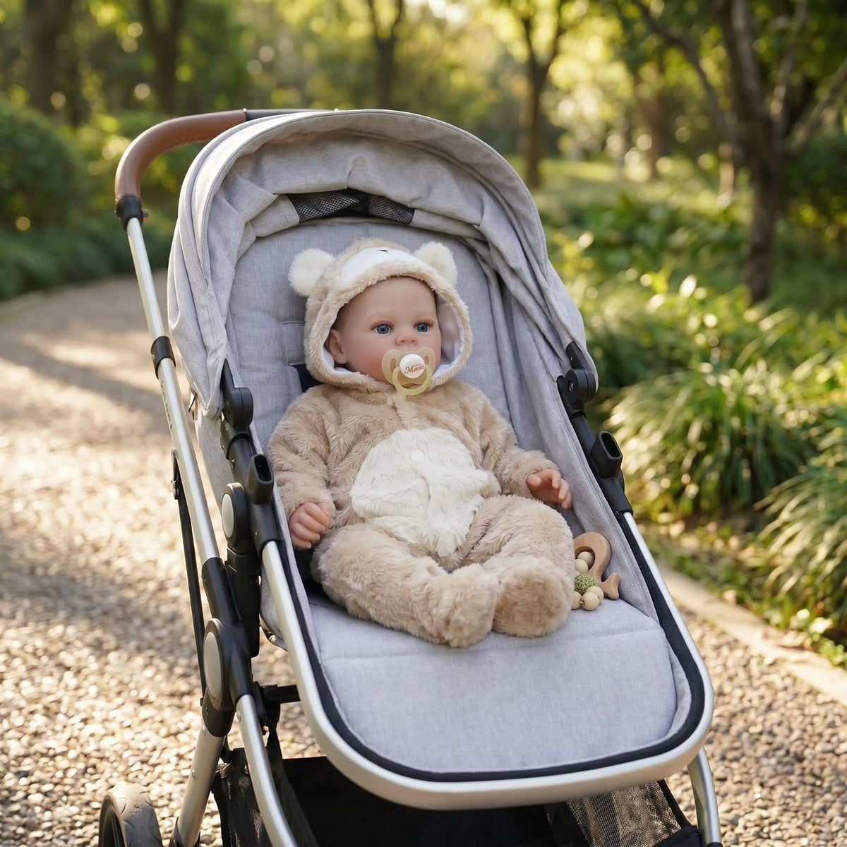 Lifelike Open-Eyed Baby Doll 18 Inch with Cloth Body Bear Hood Romper, Companion Toy Suitable For Nursery Decor & All Occasion Holiday Gifting