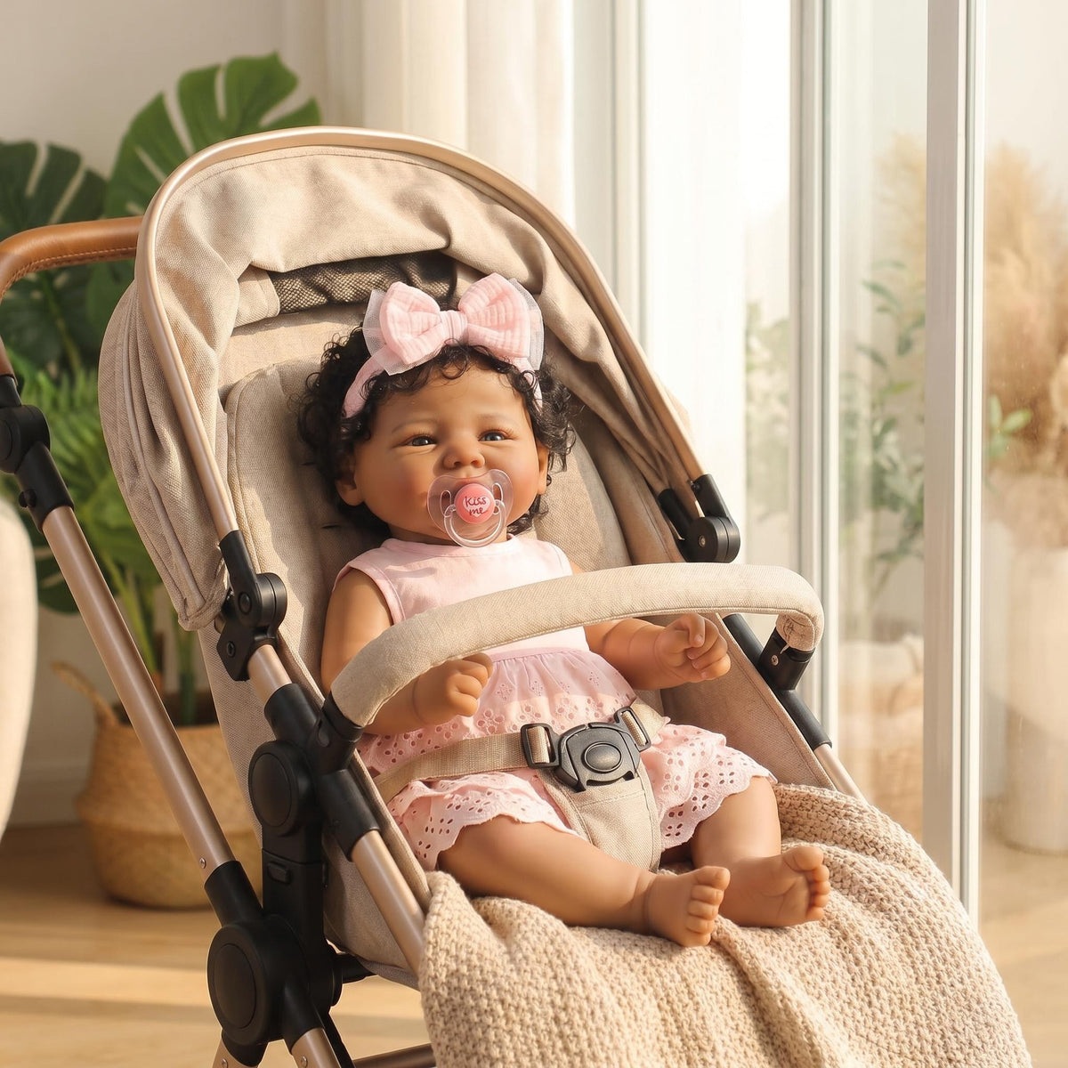 19 Inch With Cloth Body Reborn Baby Doll, Pink Eyelet Lace Dress, Big Mesh Bow Headband, Lovely Gift Option for Birthdays, Christmas and Holiday Celebrations, Huggable Companion Toy for Kids and Adult Doll Collectors