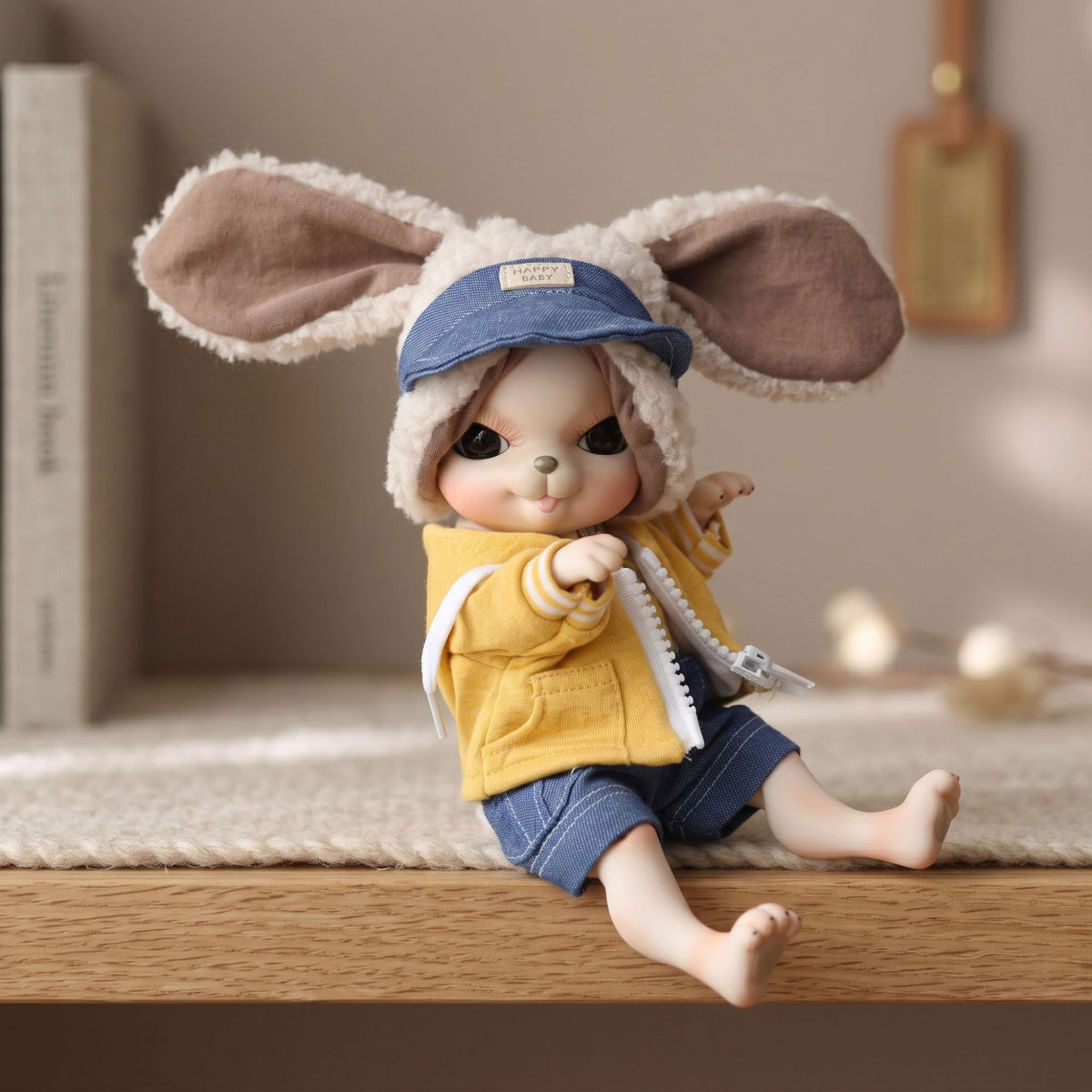 10 inch Cute Animal with Full Ceramic Ball Joint Body with Fluffy Ear Hat Reborn baby doll.Outfit Collectible Decor Gift