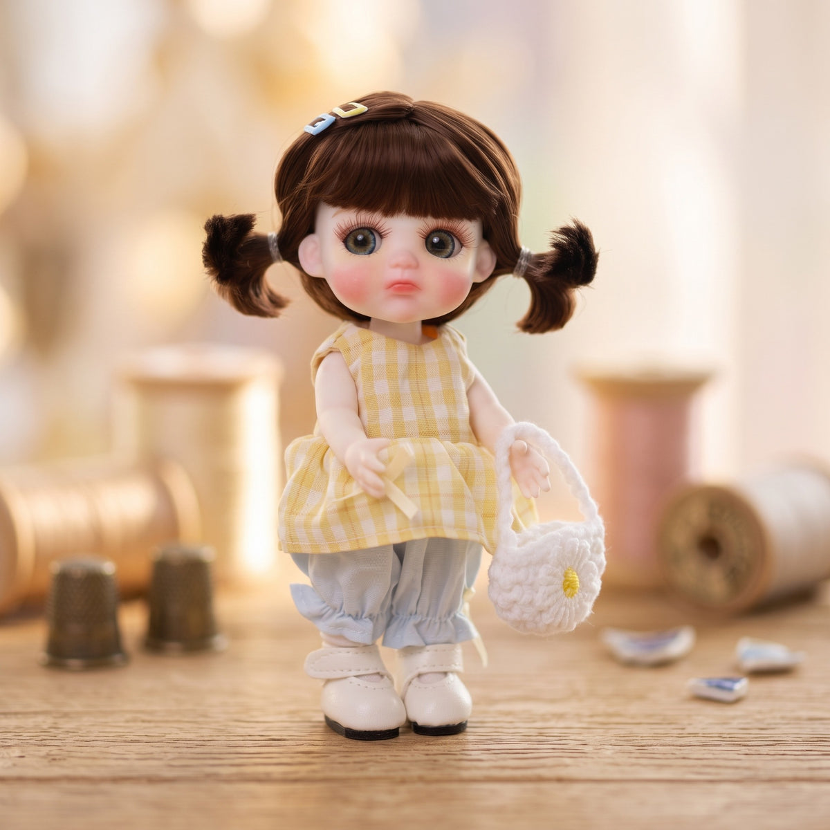 6 Inch Mini with Full Ceramic Body Doll Cute Double Ponytail Cherry Knit Outfit Collectible Desktop Decor Gift