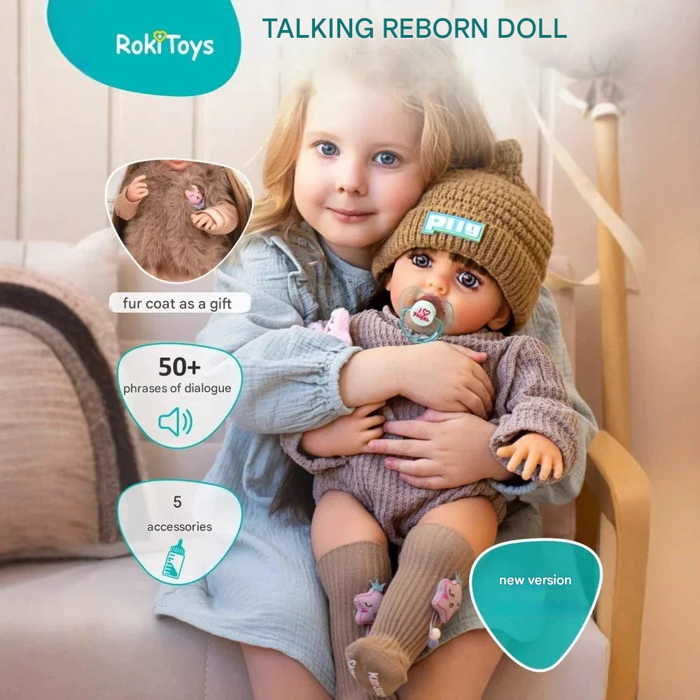 Child holding a talking reborn doll with product features highlighted, featuring Roki Toys branding.