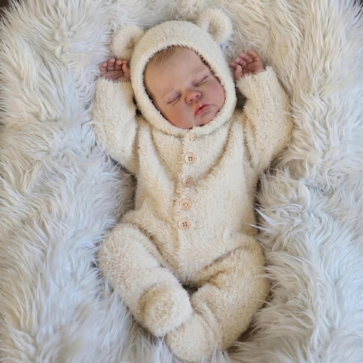 Lifelike Sleeping Baby Doll 19 Inch with Cloth Body Bear Hood Romper, Companion Toy Suitable For Nursery Photoshoot & All Occasion Holiday Gifting