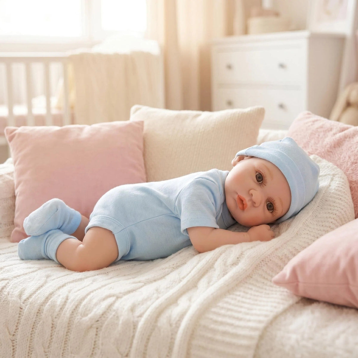 Classic Simple Newborn Look 12 Inch Full Vinyl Reborn Doll Complete Light Blue Clothing Set Hobby Collection Pocket Size Toy