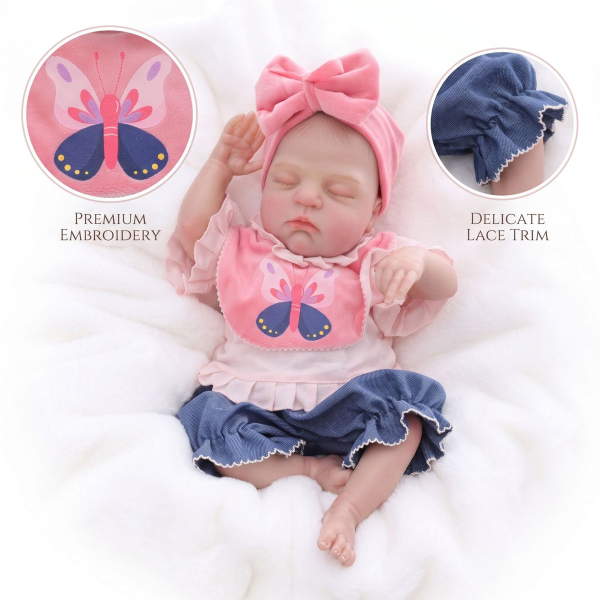 Real Lifelike Sleeping Reborn Doll 18 inch with Cloth Body, Knotted Pink Headband, Holiday Gift for Girls & Doll Collectors