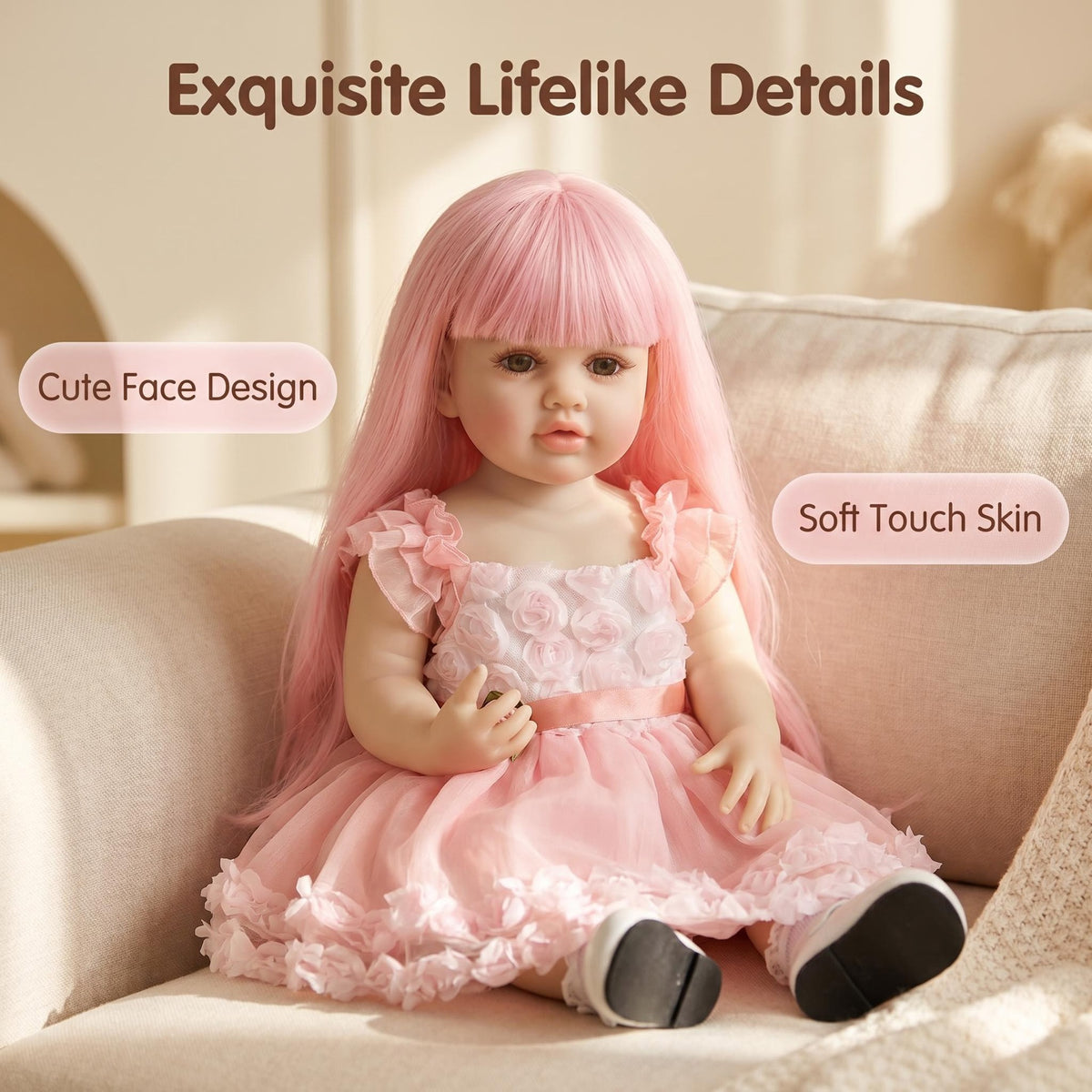 22 Inch Full Vinyl Body Reborn Doll Pink Long Hair Girl Doll Wonderful Baby Shower & All Occasion Companion Gift