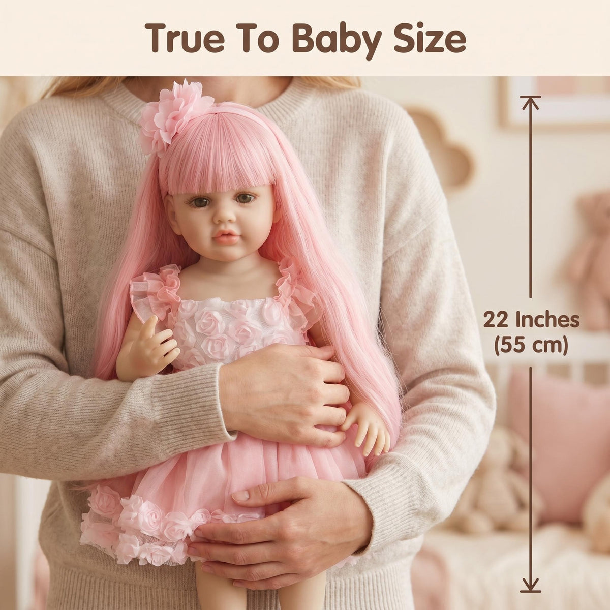 22 Inch Full Vinyl Body Reborn Doll Pink Long Hair Girl Doll Wonderful Baby Shower & All Occasion Companion Gift