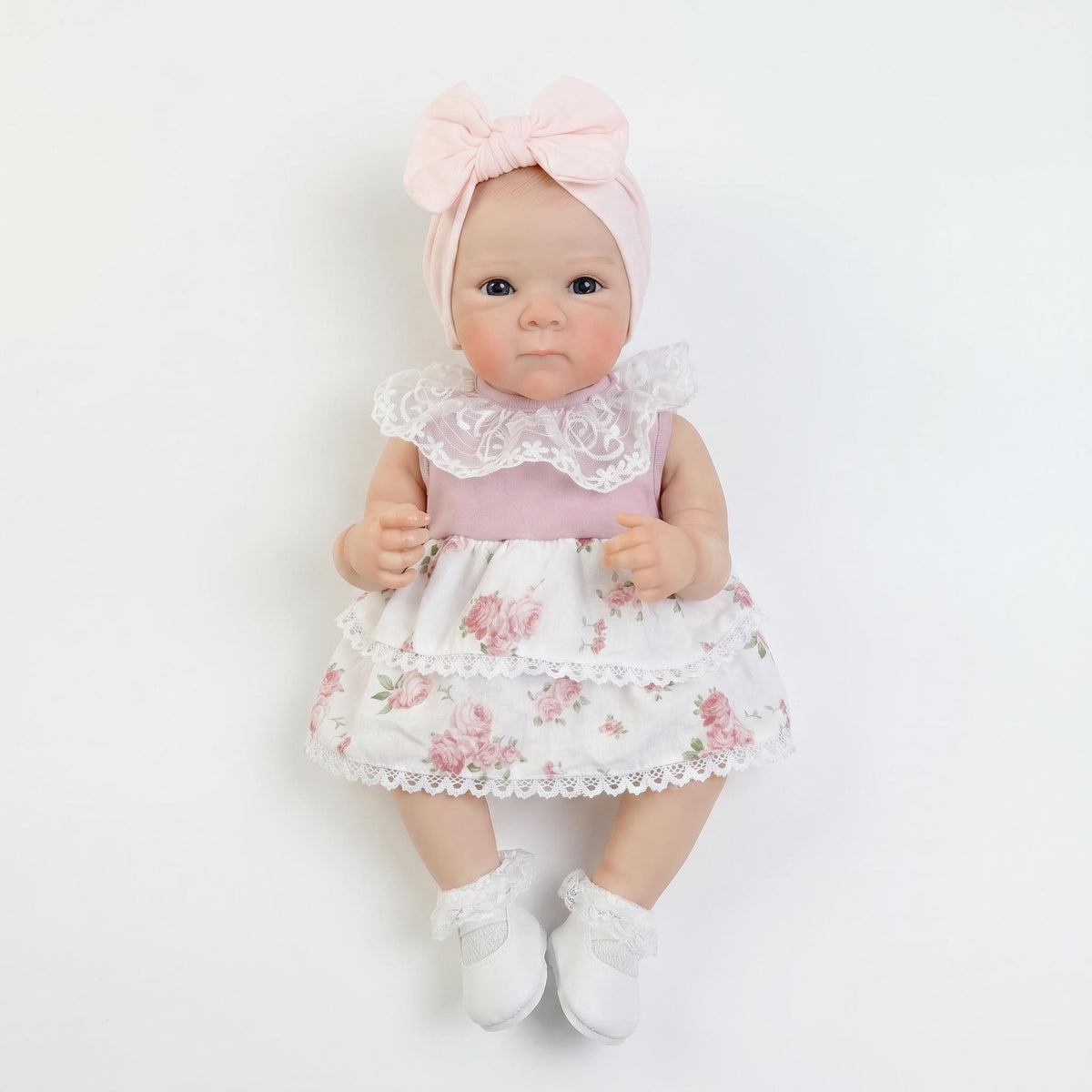 Floral Lace Dress 18 Inch Full Vinyl Body Reborn Doll Big Pink Bow Turban Open Eyes Realistic Outdoor Style Newborn Collectible