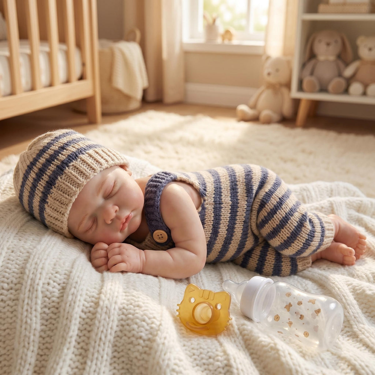 Newborn Simulation 18 Inch Full Soild Silicone Body Sleeping Doll Neutral Striped Knit Suit For Pretend Care & Hobby Collection