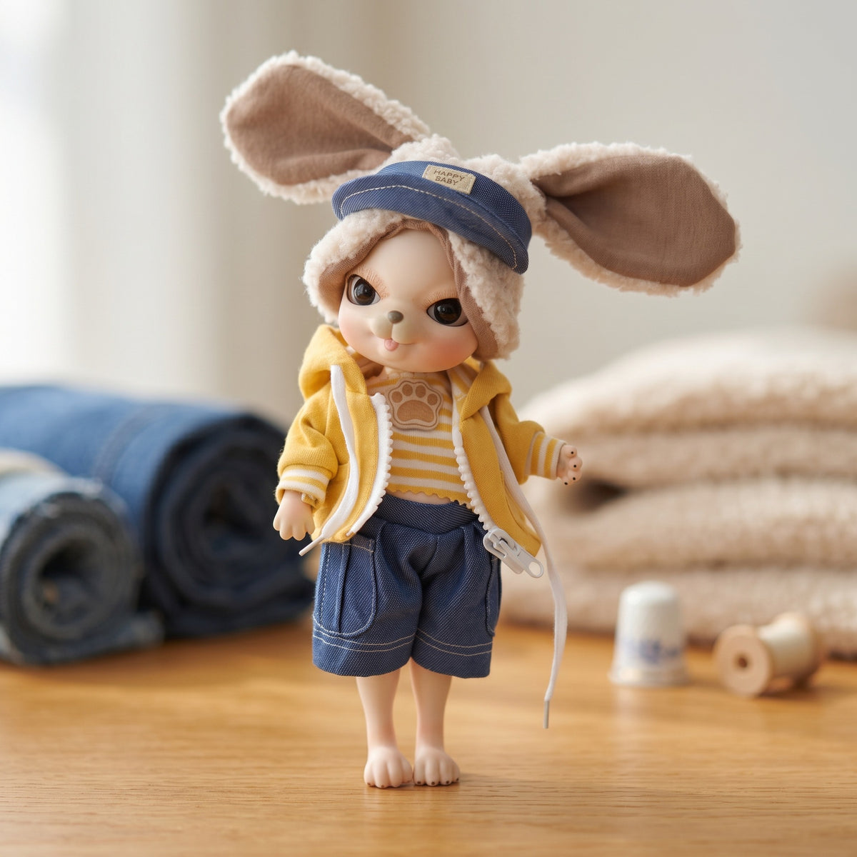 10 inch Cute Animal with Full Ceramic Ball Joint Body with Fluffy Ear Hat Reborn baby doll.Outfit Collectible Decor Gift
