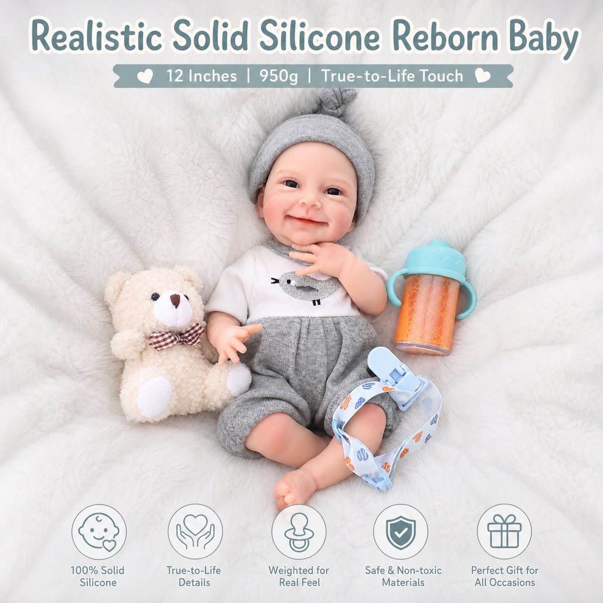 12 Inch Handcrafted Reborn Baby Doll with Full Soild Silicone Body, Gift Toy for Little Girls Collectors