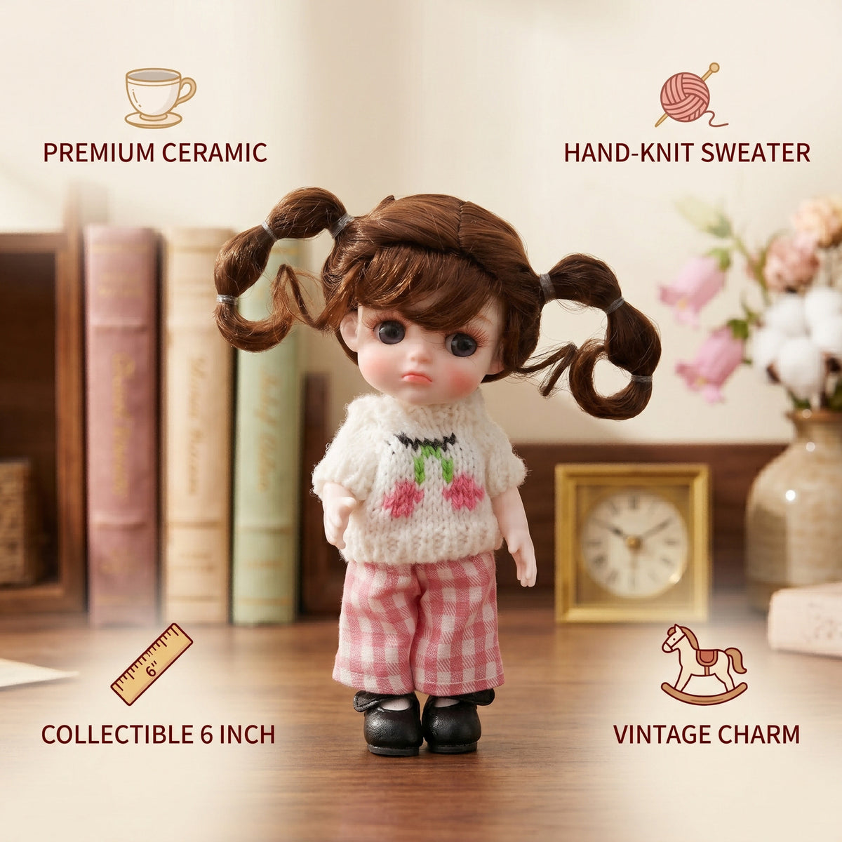 6 Inch Mini with Full Ceramic Body Doll Cute Double Ponytail Cherry Knit Outfit Collectible Desktop Decor Gift