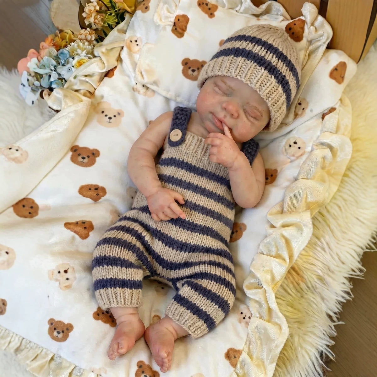 Newborn Simulation 18 Inch Full Soild Silicone Body Sleeping Doll Neutral Striped Knit Suit For Pretend Care & Hobby Collection