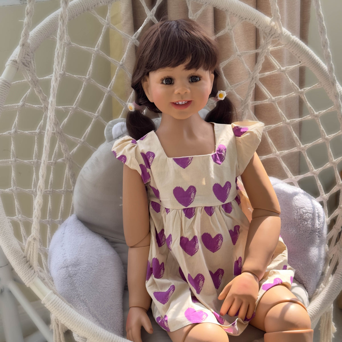 43 Inch Standing Toddler Reborn Dolls with Full Vinyl Body Life Size Girl Doll Purple Heart Print Flutter Sleeve Dress, Perfect Birthday Christmas Holiday Gift Companion Toy For Kids & Adult Collectors