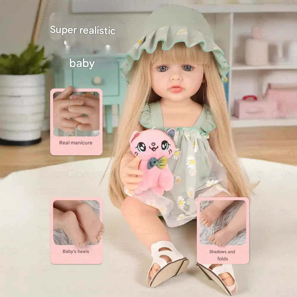 Realistic Reborn Baby Girl Doll 22 Inch 55cm Full Body Soft Vinyl Bathable Newborn Toddler with Long Blonde Hair and Summer Outfit - Reborn Doll Australia