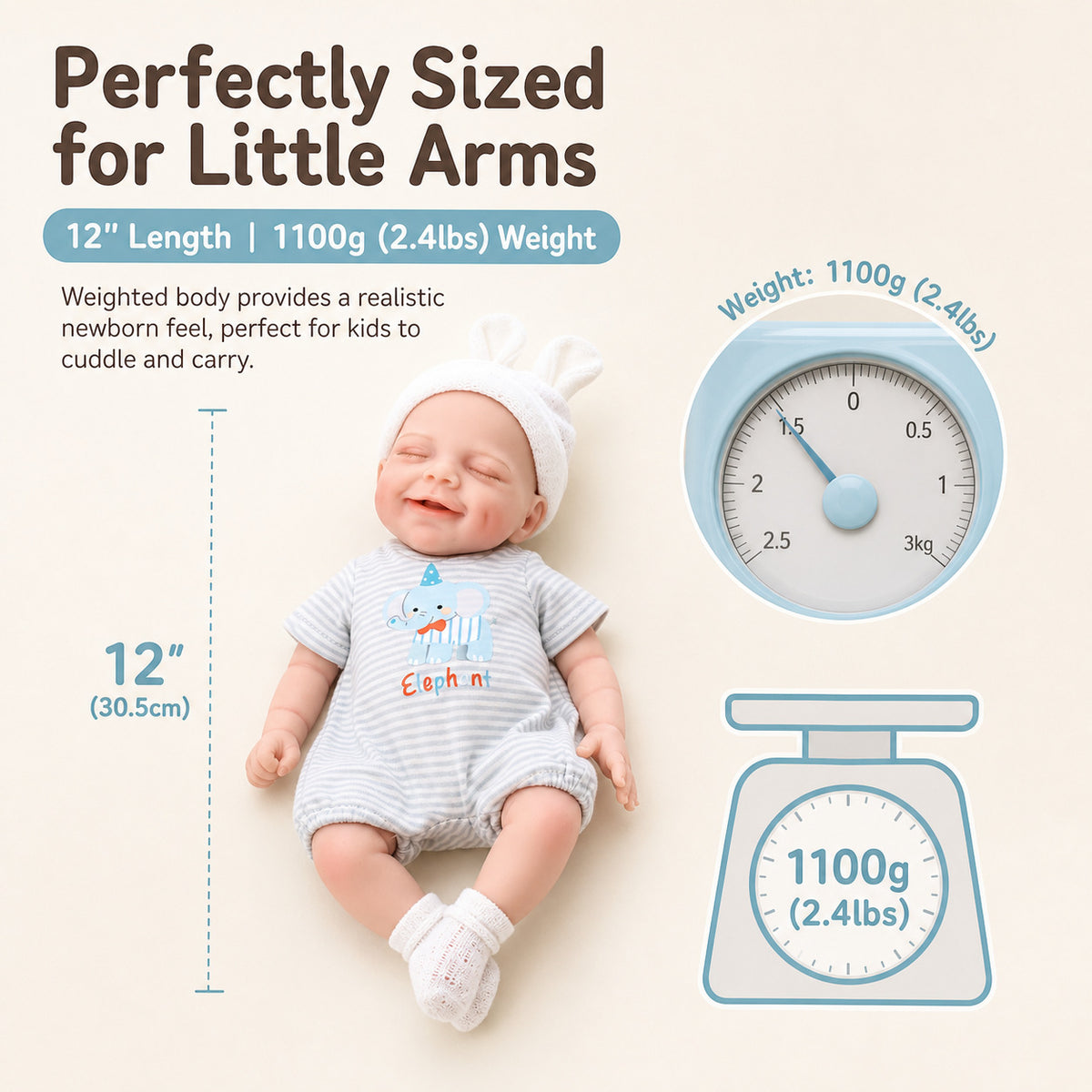 12 Inch Handmade Lifelike Reborn Doll with Full Soild Silicone Body 3D Skin Newborn Baby Play Toy Gift for Girls & Doll Collectors