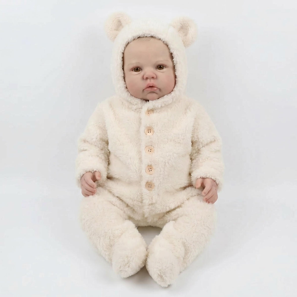 19 Inch with Cloth Body Awake Reborn Baby Doll, Cream Fluffy Bear Ear Hooded Footed Jumpsuit, Ideal Birthday, Christmas Holiday Gift, Cuddly Companion Toy For Kids & Adult Doll Enthusiasts