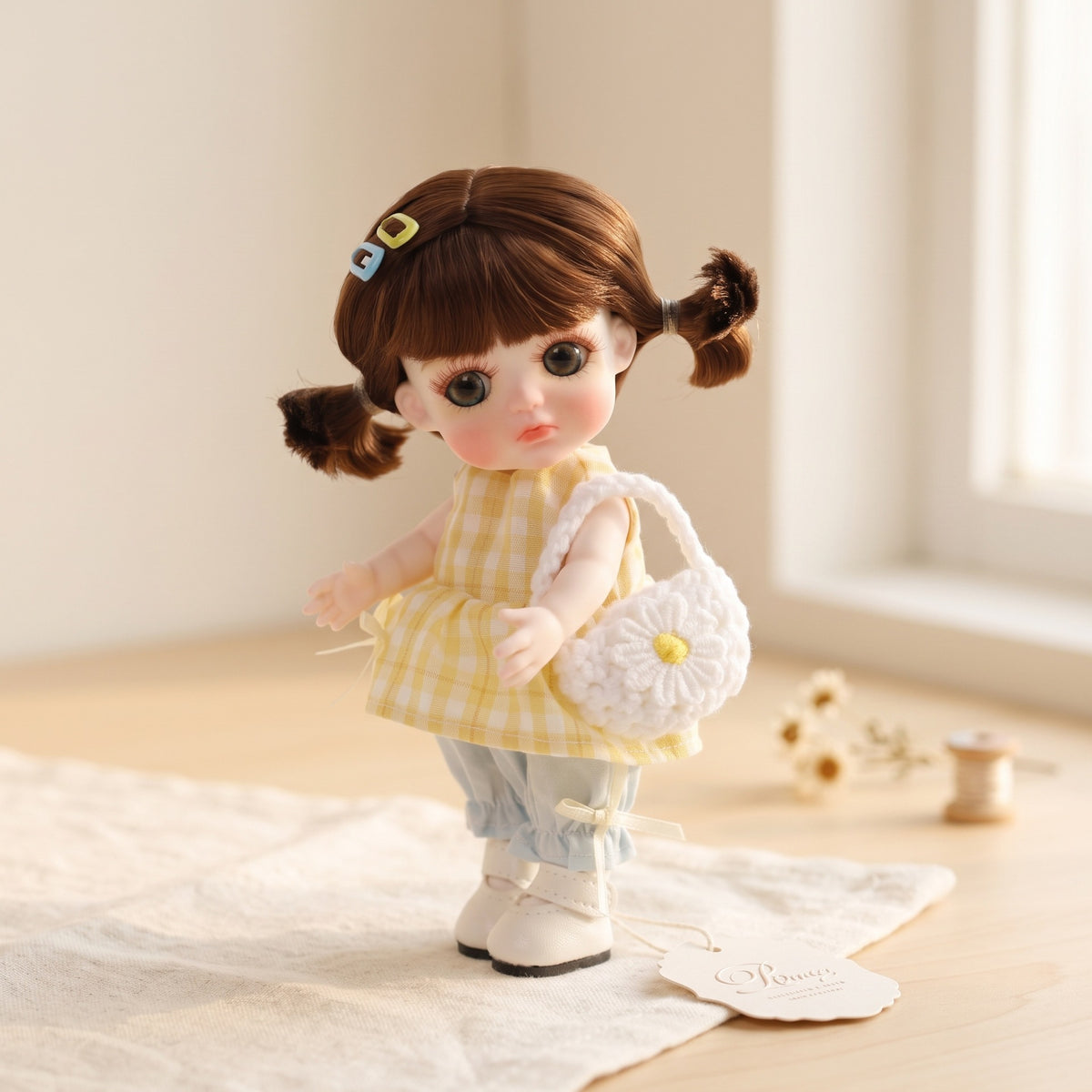 6 Inch Mini with Ceramic Body Cute Pigtails Yellow Gingham Outfit Collectible Desktop Decor Gift