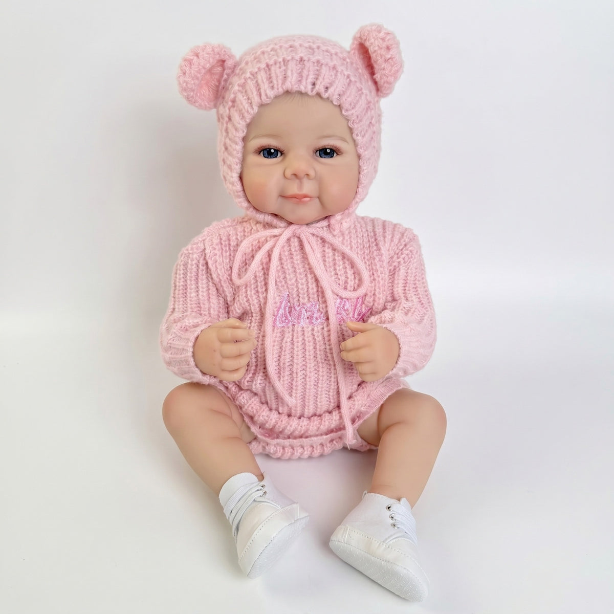 19 Inch with Full Vinyl Body Reborn Baby Doll Sweet Neutral Pink Knit Suit Nursery Simulation Doll as Gift for Girl