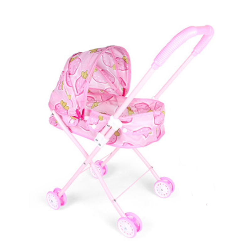 Realistic 4-Wheel Doll Stroller, Adjustable Handle & Canopy Doll Buggy, Safe Toy Stroller for 3+ Years Old Girls