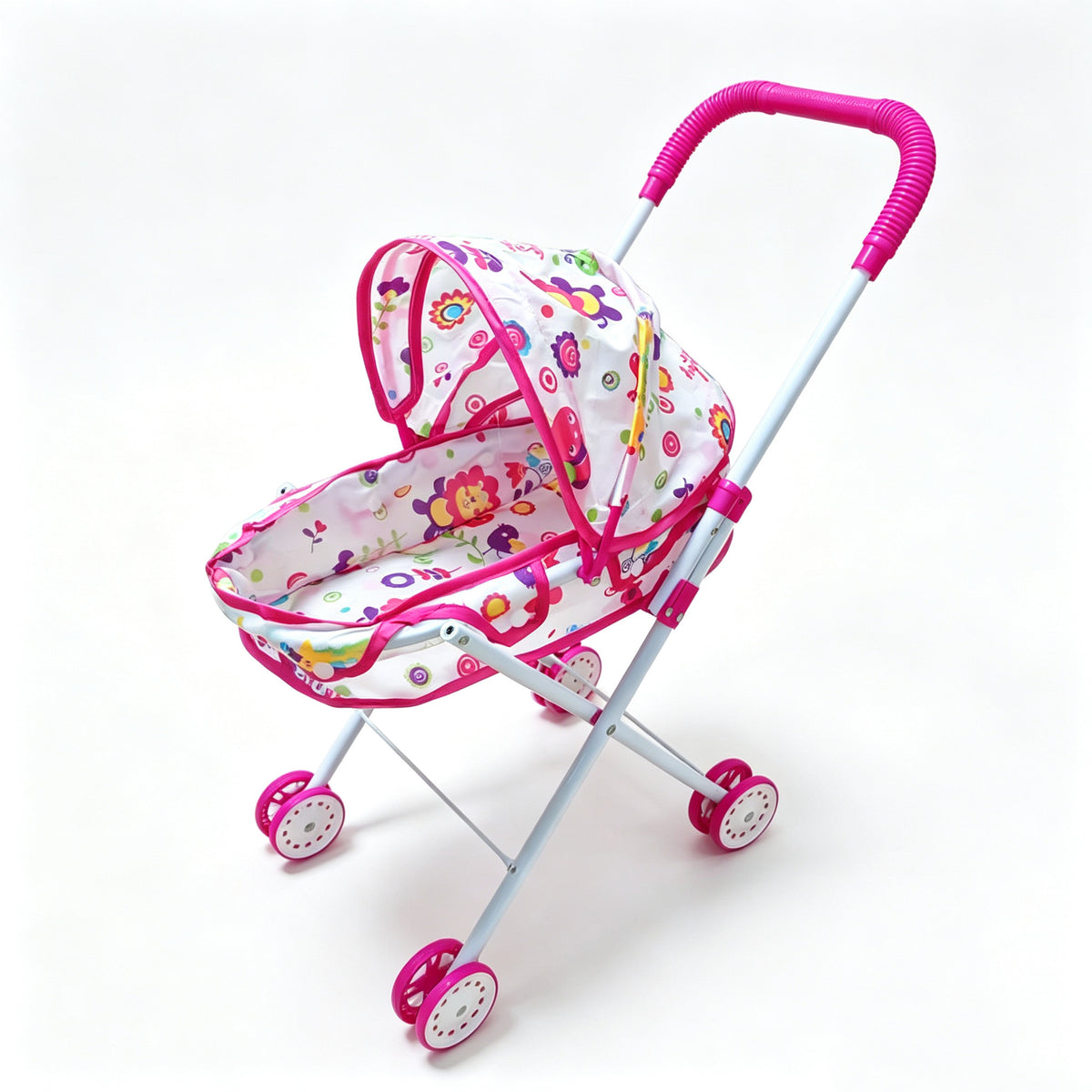 Realistic 4-Wheel Doll Stroller, Adjustable Handle & Canopy Doll Buggy, Safe Toy Stroller for 3+ Years Old Girls