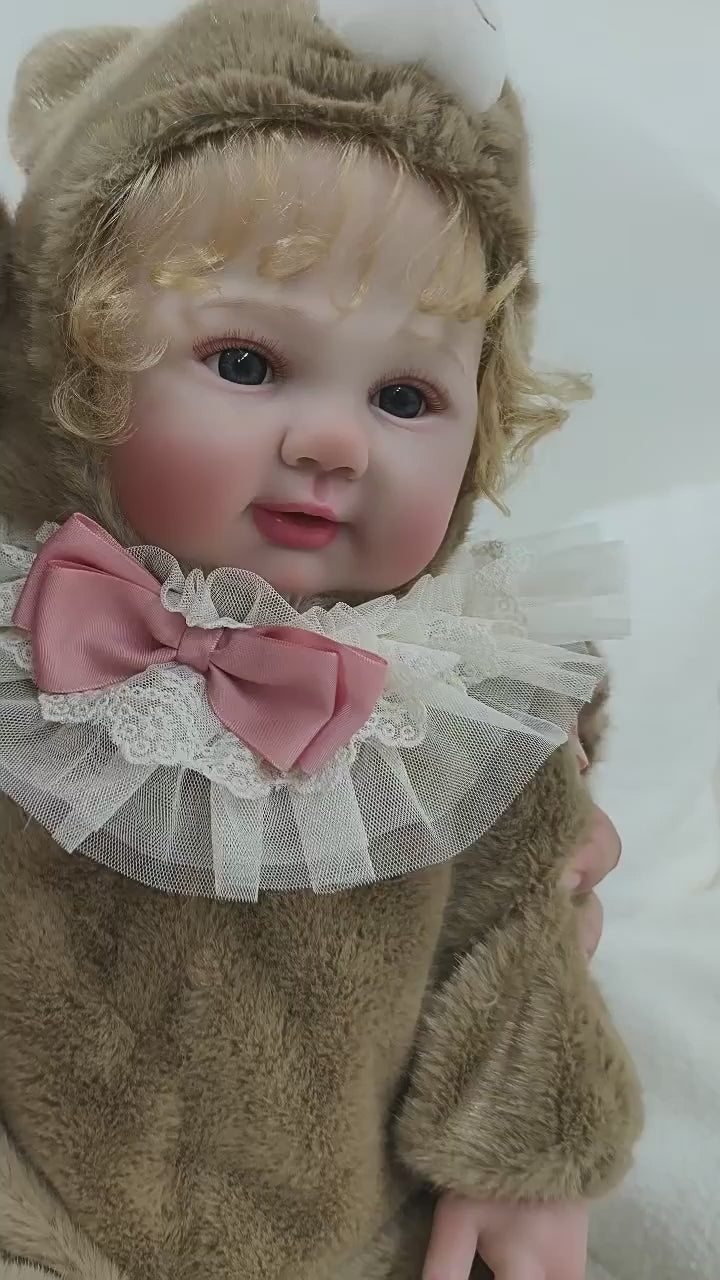 28-Inch/70cm Realistic Vinyl Baby Doll in Brown Plush Bear Suit – Hand-Painted Collectible with Blue Acrylic Eyes